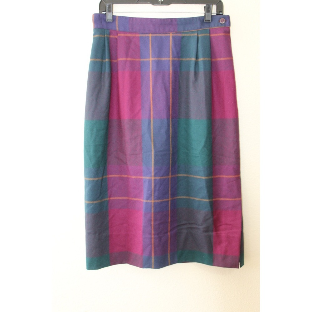Paula Saker Womens Multicolor Plaid Wool Midi Skirt Vintage Size 12